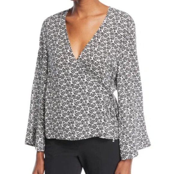A.L.C. Ray Deep-V Bell-Sleeve Printed Silk Top Black/White Size 6 - Picture 1 of 4